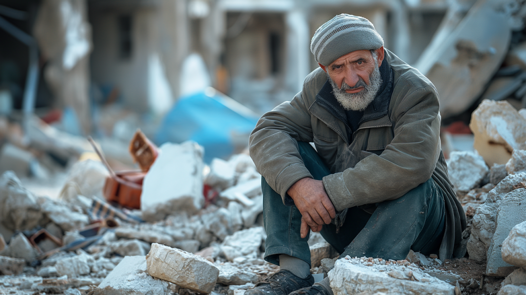 AI-generated image. Man sitting on rubble. Source:  Save_Palestine. https://pixabay.com/