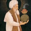 The Great Mughals exhibition, V&A. Image of Mu'in al-Din Chishti (1143-1236) holding a globe. 17th century impression.