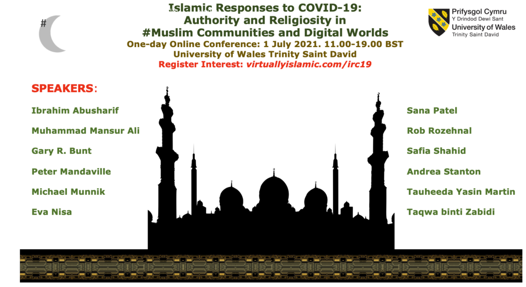 Poster for 2021 Islamic Responses to COVID-19 Conference.  Silhouette of mosques, geometric designs at base.